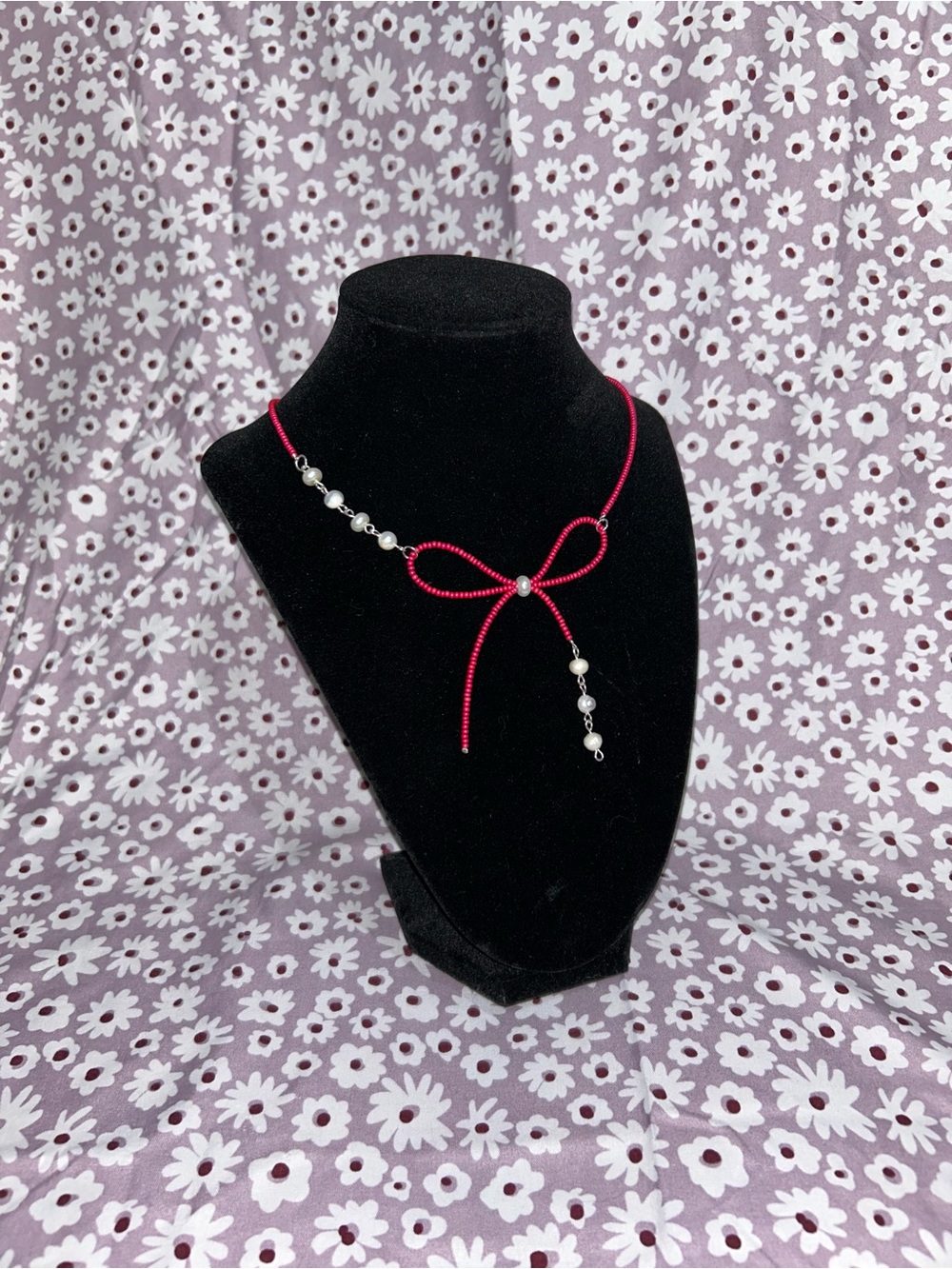 Delicate handmade Pink Bow Pearl Necklace